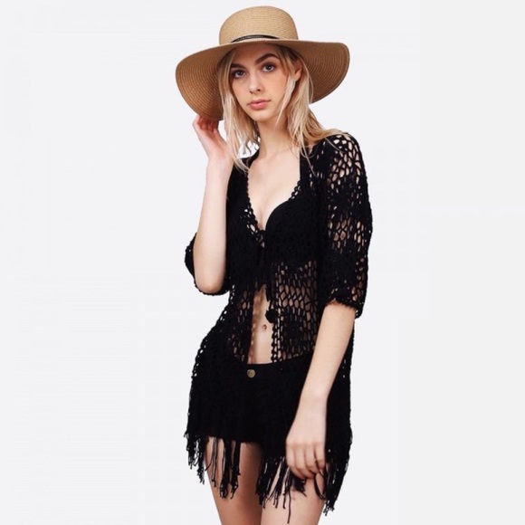REORDER UPON REQUEST Black crochet fringe kimono - Picture 8 of 8